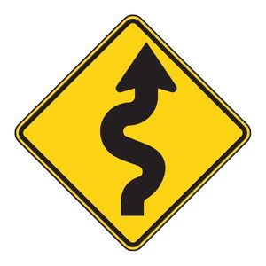 A yellow diamond-shaped road sign with a black, winding arrow pointing upward, representing professional navigation through complex rules or difficult regulations.