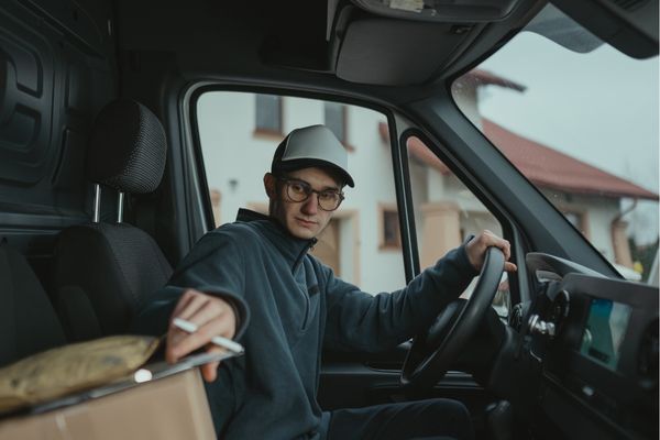 A young delivery driver wearing glasses and a cap seated inside a cargo van