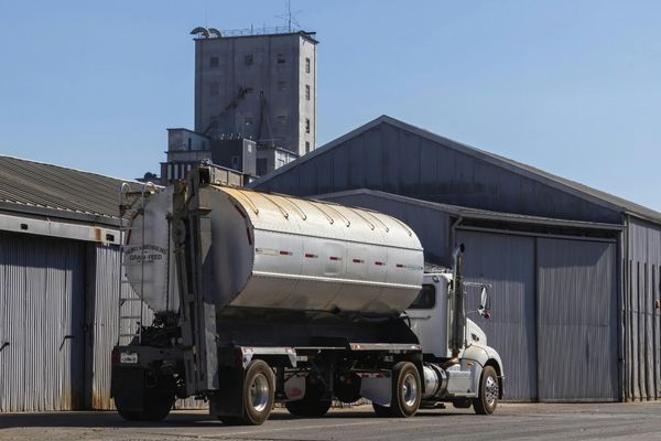 A white tanker truck carrying bulk grain or feed is backed up to a loading dock at an industrial grain elevator facility under a clear blue sky.