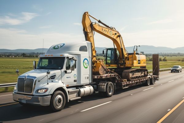 A white commercial truck is transporting a large yellow excavator on a flatbed trailer down a major highway with green fields and mountains in the background.