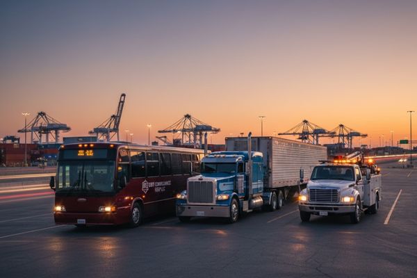 A deep red passenger bus, a blue semi-truck with a white trailer, and a white tow truck are parked at a brightly lit shipping port facility at sunset.